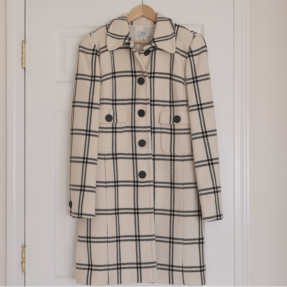 Ann Taylor Cream Plaid Long Wool Coat - Women’s Size 0, XS. New with Tags!